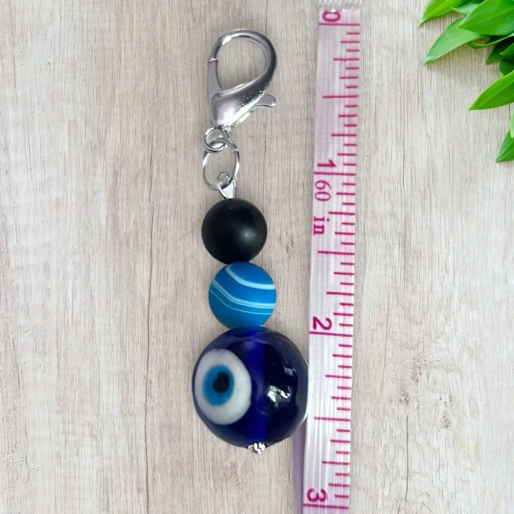 Hand Crafted Purse Pet Charm Onyx Blue Agate  Glass Ball Evil Eye Matte - Picture 7 of 7
